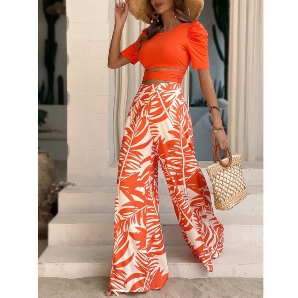 Orange Boho Coord set Tie Back Tee & Tropical Print Wide Leg Pants - Picture 2 of 7